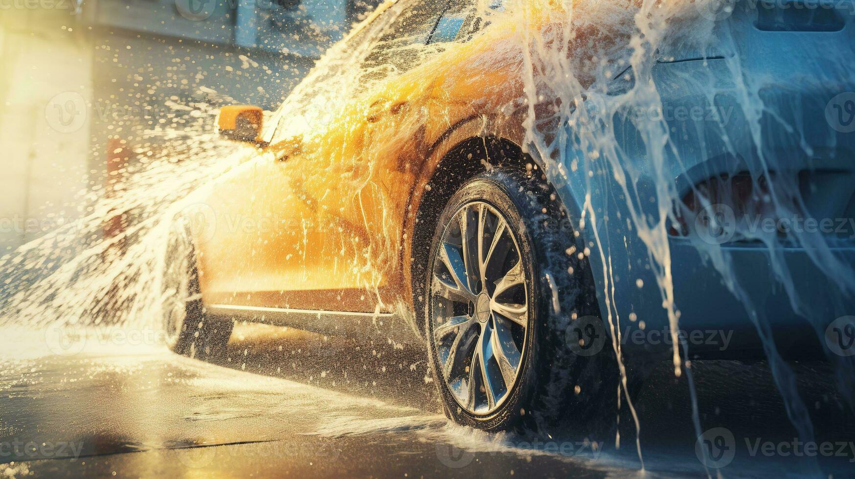 AI generated Generative AI, car wash with foam soap, high pressure vehicle washer machine sprays foam, self service photo