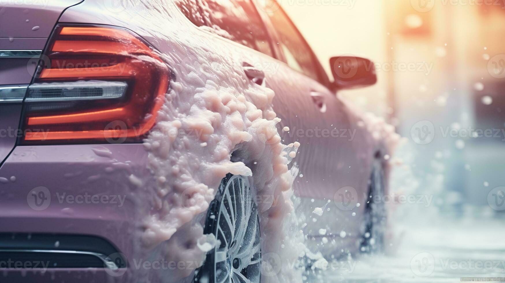AI generated Generative AI, car wash with foam soap, high pressure vehicle washer machine sprays foam, self service photo