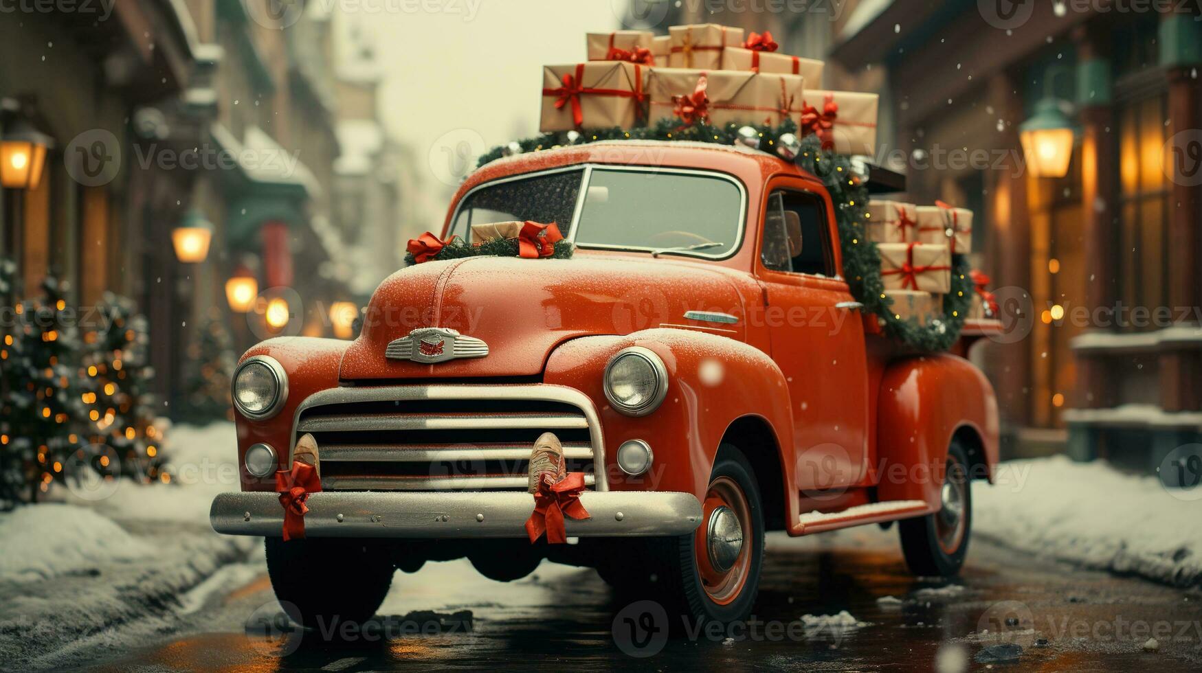 AI generated Generative AI, vintage Christmas car with many gifts, blue and red colors. Greeting xmas card, winter holidays photo