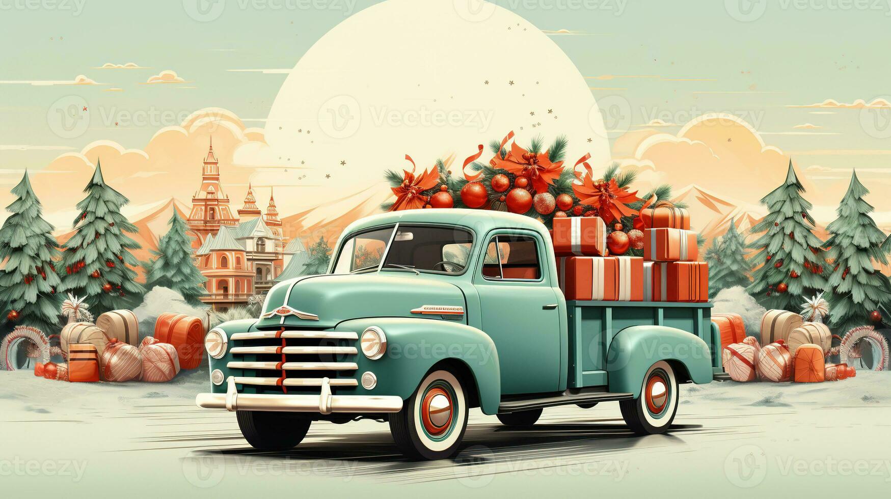 AI generated Generative AI, vintage Christmas car with many gifts, blue and red colors. Greeting xmas card, winter holidays photo