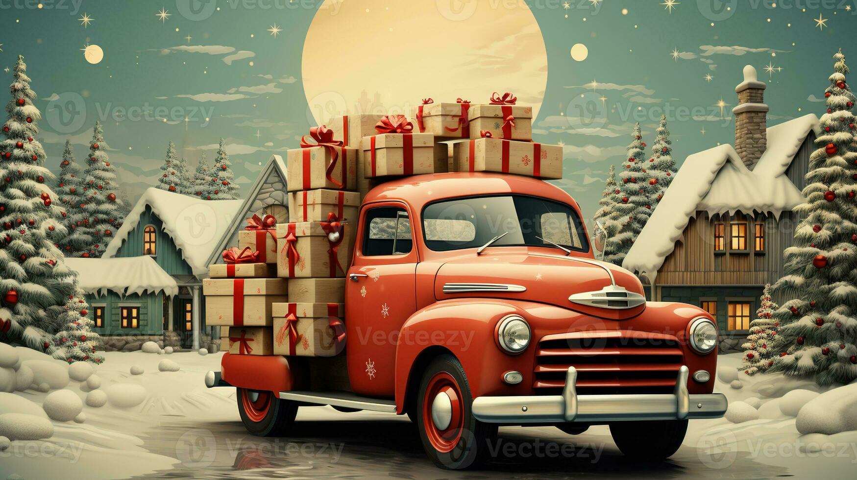 ai generado generativo ai, Clásico Navidad coche con muchos regalos, azul y rojo colores. saludo Navidad tarjeta, invierno Días festivos foto