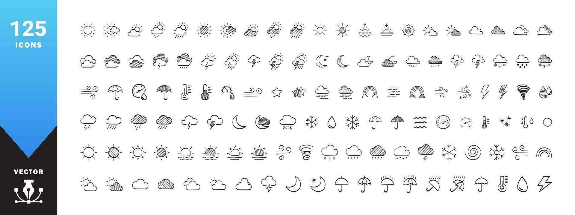 Weather icons set. Drawn weathers icons. Weather forecast sign symbols. Vector scalable graphics