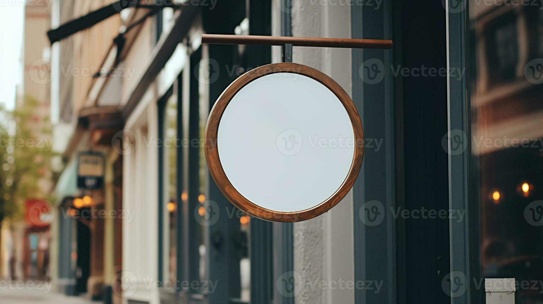 AI generated Generative AI, coffee shop street signboard mock up for logo design, brand presentation, aesthetic muted neutral colors, on the wall outdoor photo