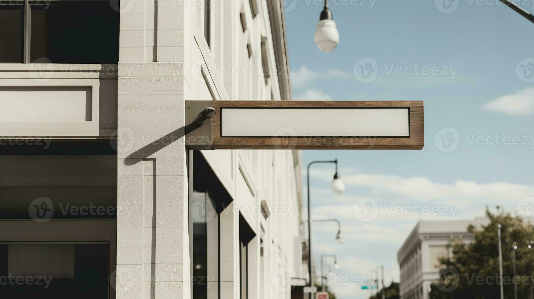 AI generated Generative AI, coffee shop street signboard mock up for logo design, brand presentation, aesthetic muted neutral colors, on the wall outdoor photo