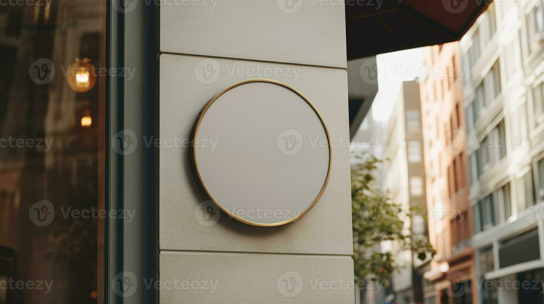 AI generated Generative AI, coffee shop street signboard mock up for logo design, brand presentation, aesthetic muted neutral colors, on the wall outdoor photo