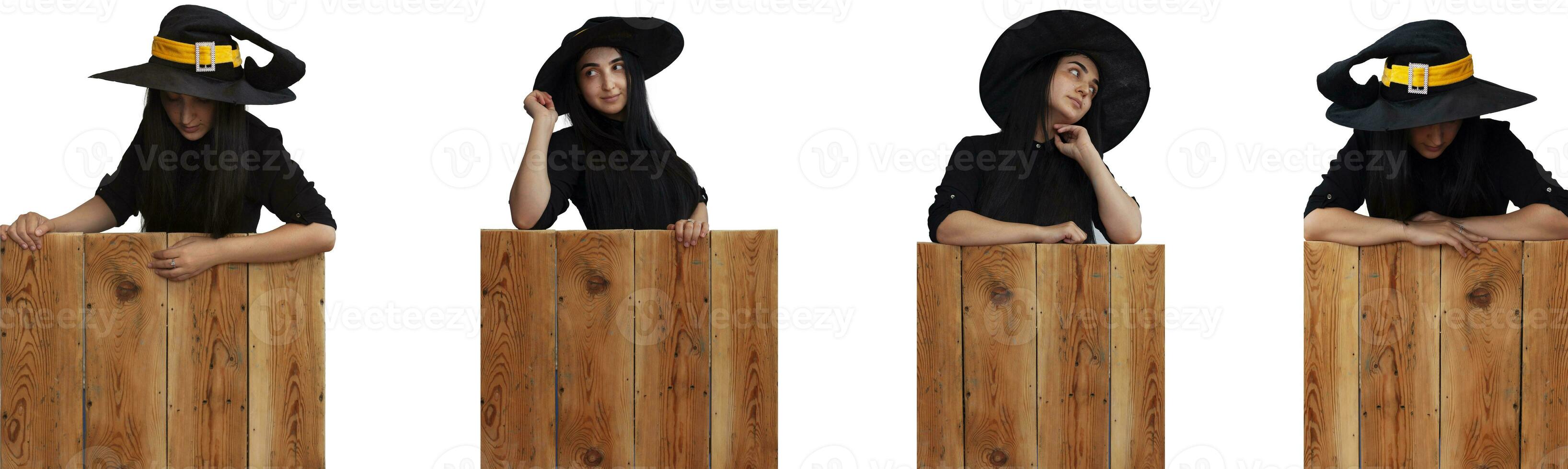 conjunto de Víspera de Todos los Santos niña en bruja disfraz en de madera tablero foto