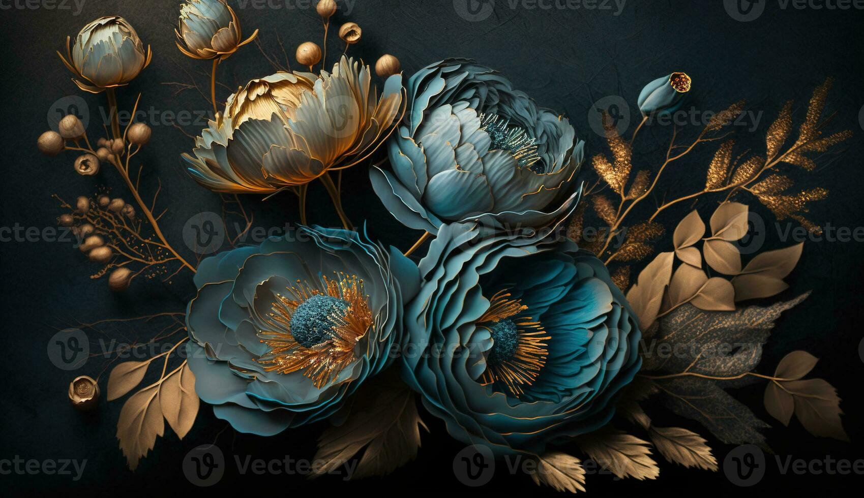 AI generated Generative AI, Close up of blooming flowerbeds of amazing blue flowers on dark moody floral textured background. Photorealistic effect. photo