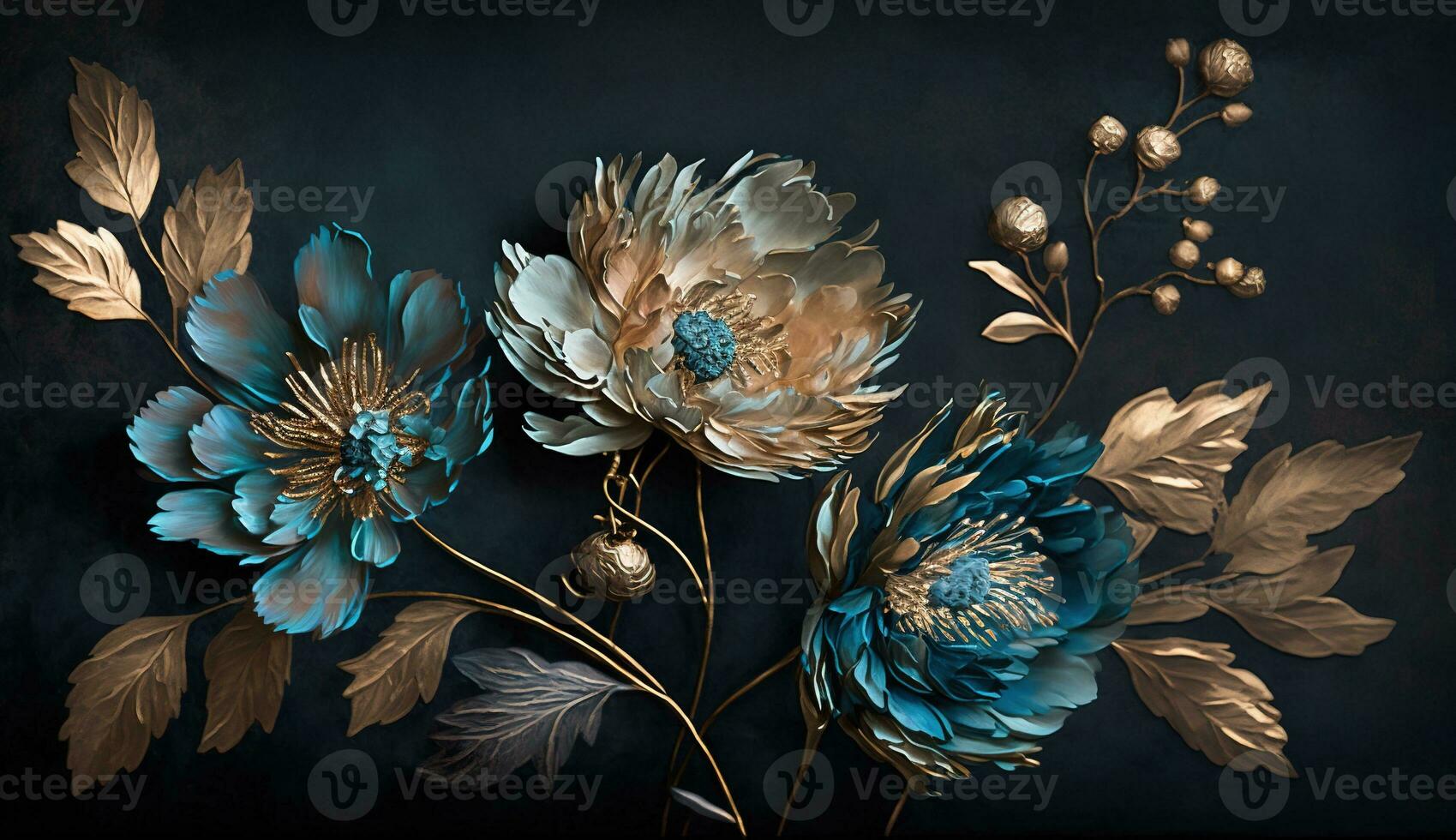 AI generated Generative AI, Close up of blooming flowerbeds of amazing blue flowers on dark moody floral textured background. Photorealistic effect. photo