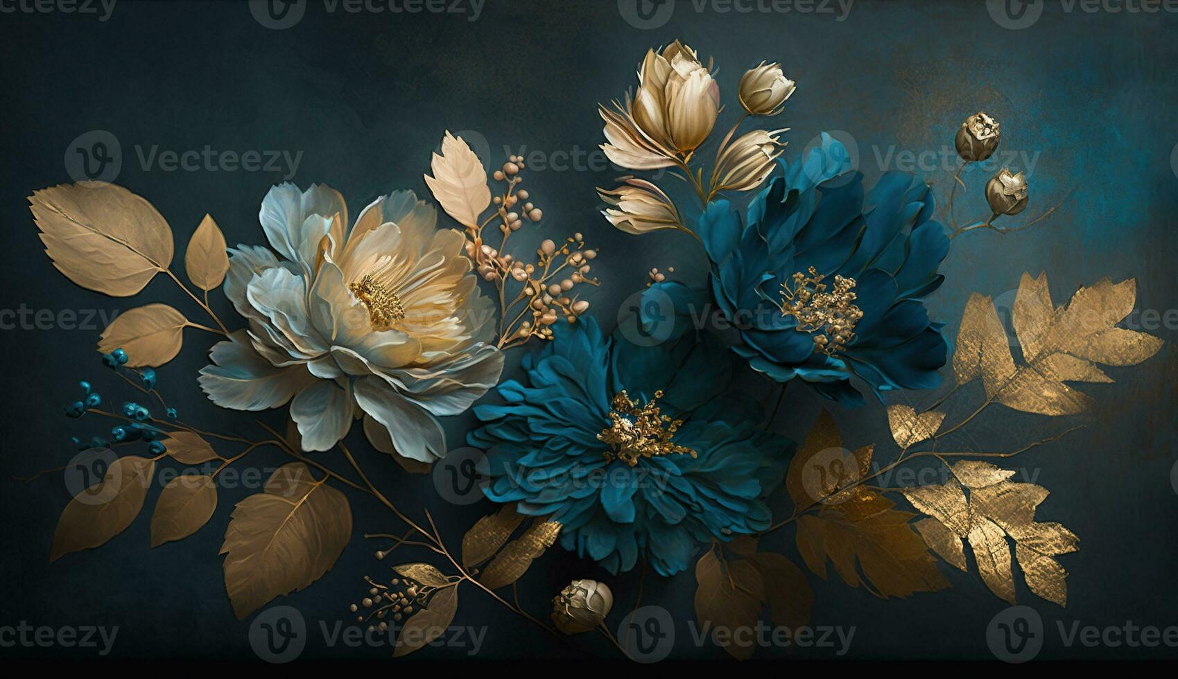AI generated Generative AI, Close up of blooming flowerbeds of amazing blue flowers on dark moody floral textured background. Photorealistic effect. photo
