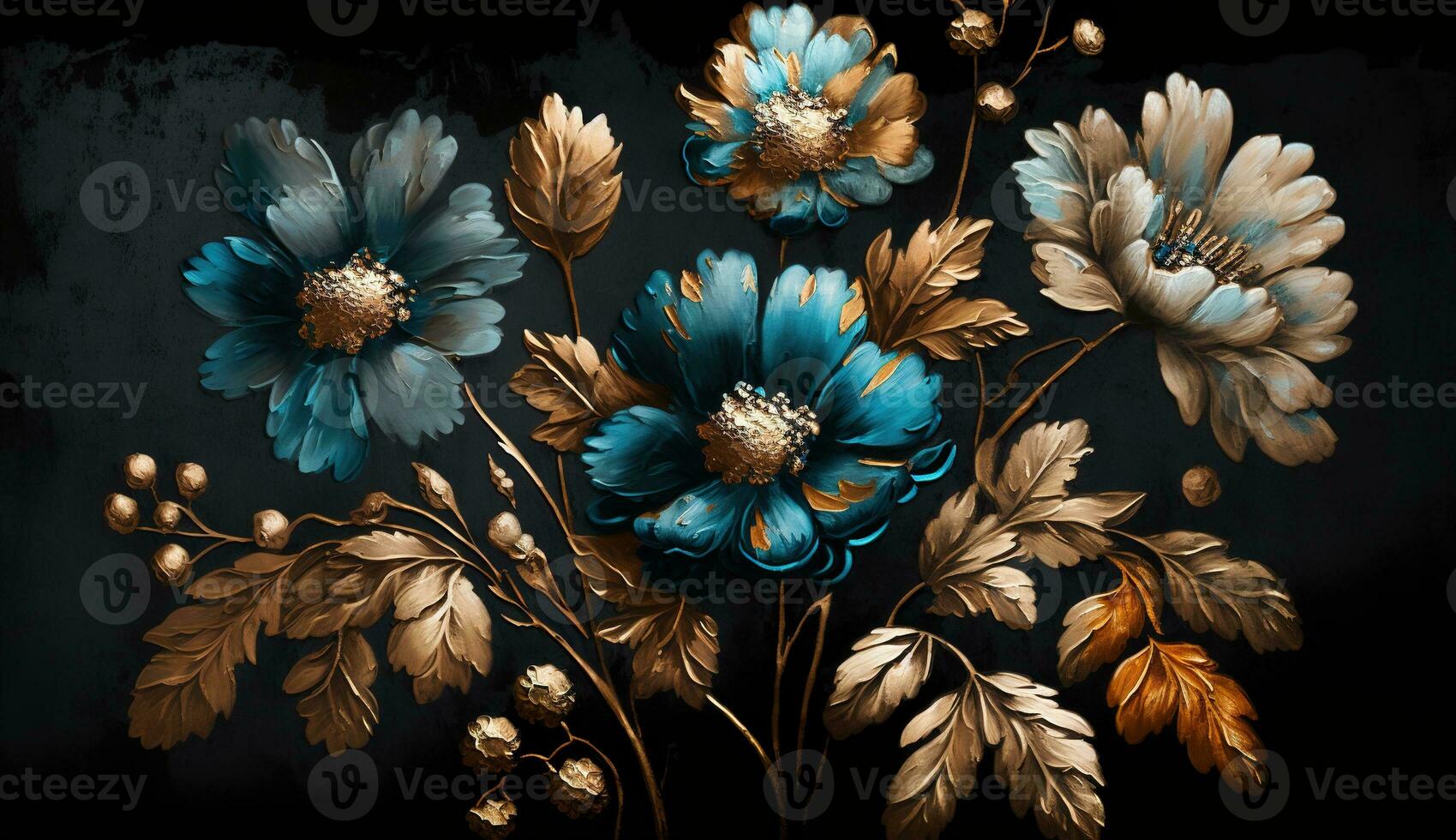 AI generated Generative AI, Close up of blooming flowerbeds of amazing blue flowers on dark moody floral textured background. Photorealistic effect. photo