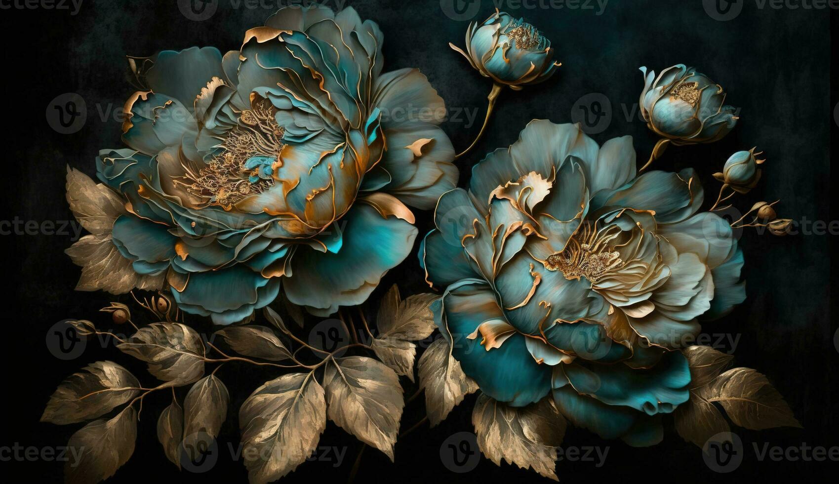 AI generated Generative AI, Close up of blooming flowerbeds of amazing blue flowers on dark moody floral textured background. Photorealistic effect. photo