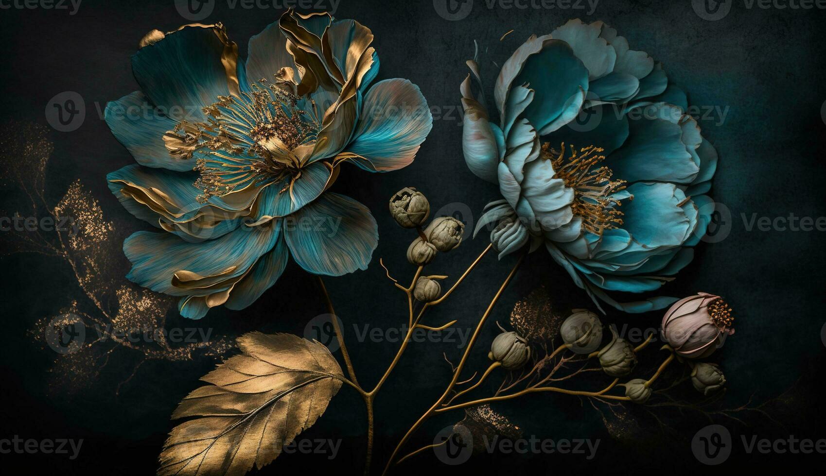 AI generated Generative AI, Close up of blooming flowerbeds of amazing blue flowers on dark moody floral textured background. Photorealistic effect. photo