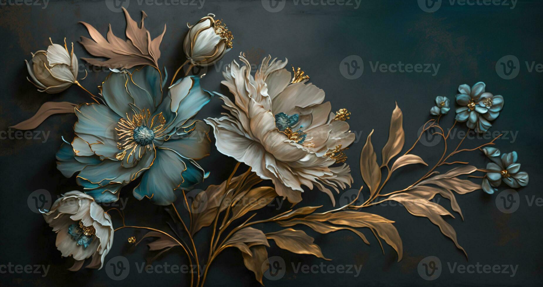 AI generated Generative AI, Close up of blooming flowerbeds of amazing blue flowers on dark moody floral textured background. Photorealistic effect. photo