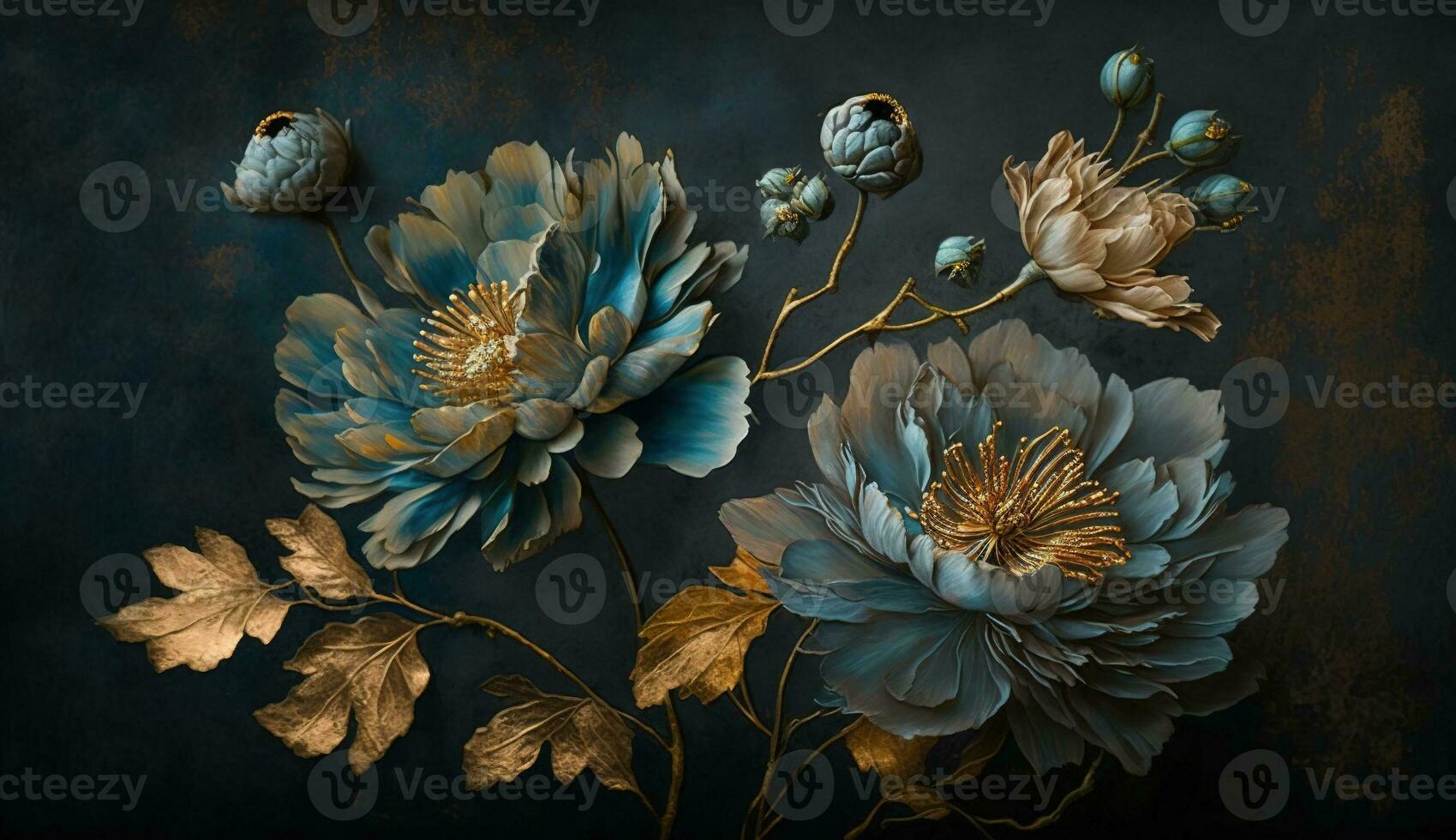 AI generated Generative AI, Close up of blooming flowerbeds of amazing blue flowers on dark moody floral textured background. Photorealistic effect. photo