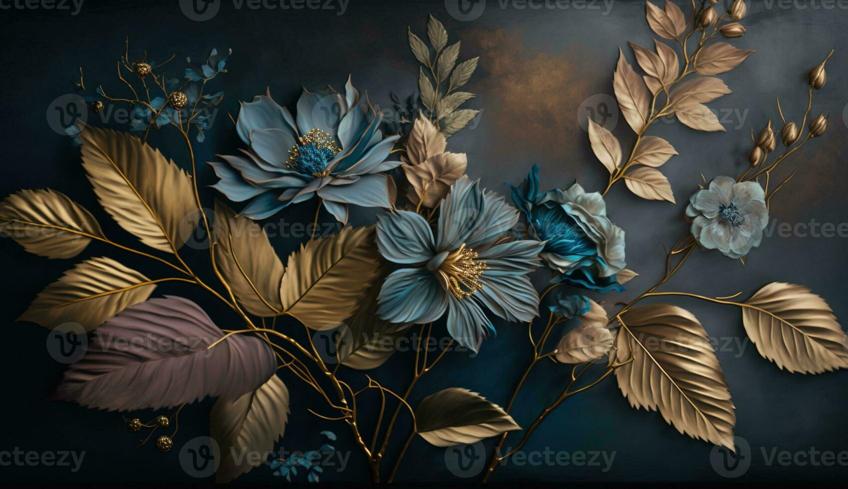 AI generated Generative AI, Close up of blooming flowerbeds of amazing blue flowers on dark moody floral textured background. Photorealistic effect. photo