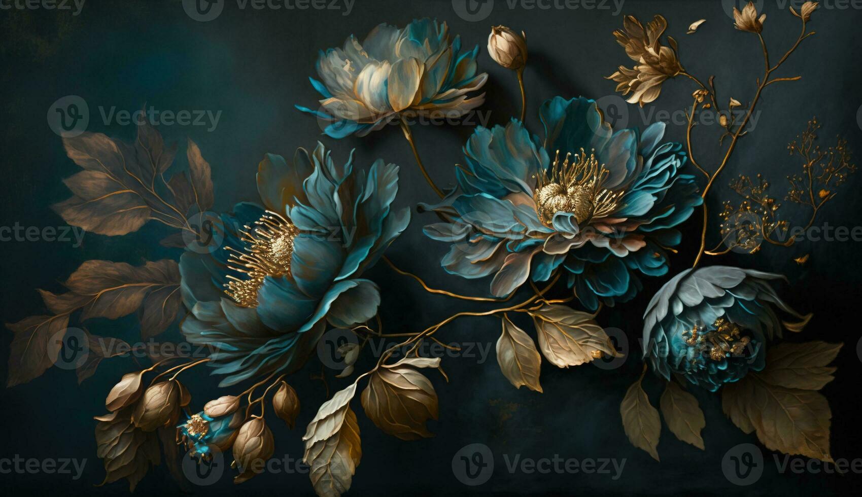 AI generated Generative AI, Close up of blooming flowerbeds of amazing blue flowers on dark moody floral textured background. Photorealistic effect. photo