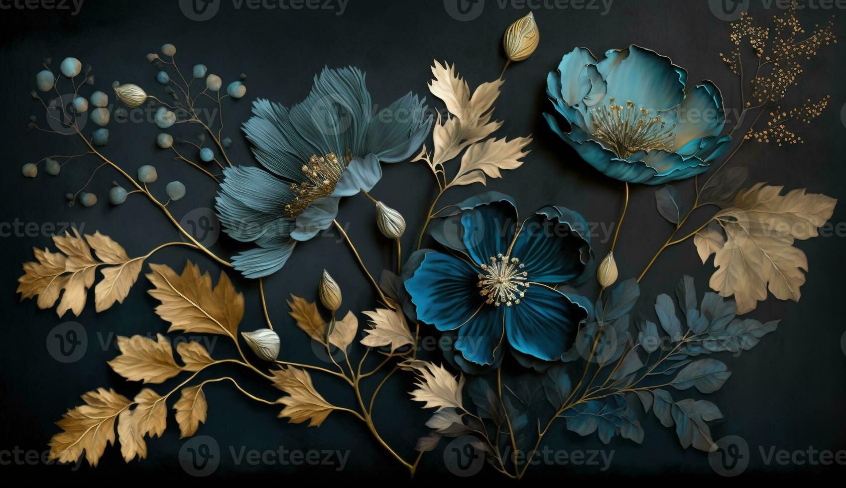 AI generated Generative AI, Close up of blooming flowerbeds of amazing blue flowers on dark moody floral textured background. Photorealistic effect. photo