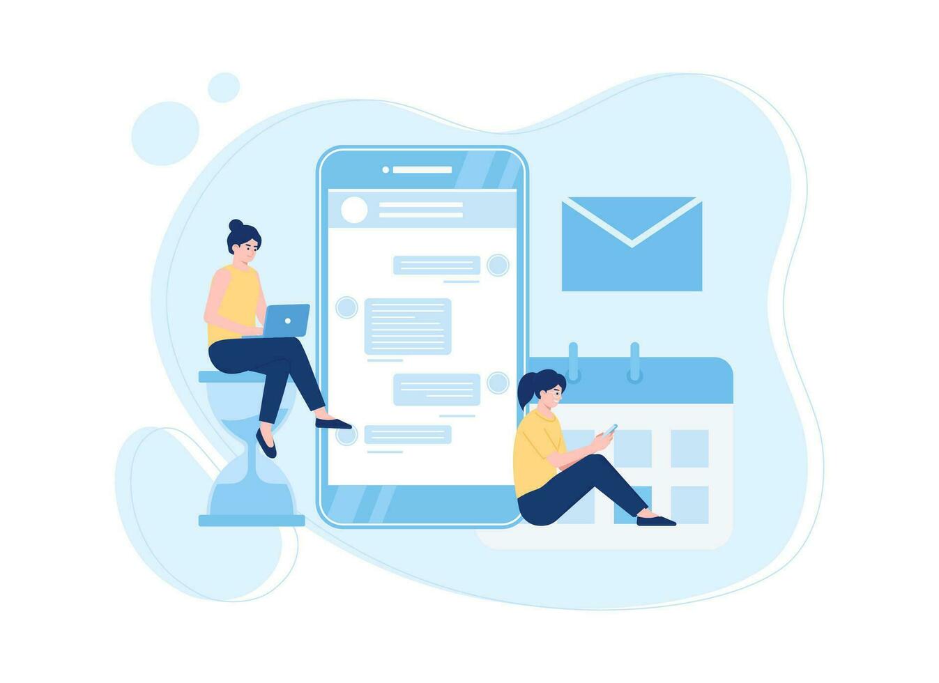 two women chatting using mobile phones and laptops concept flat illustration vector