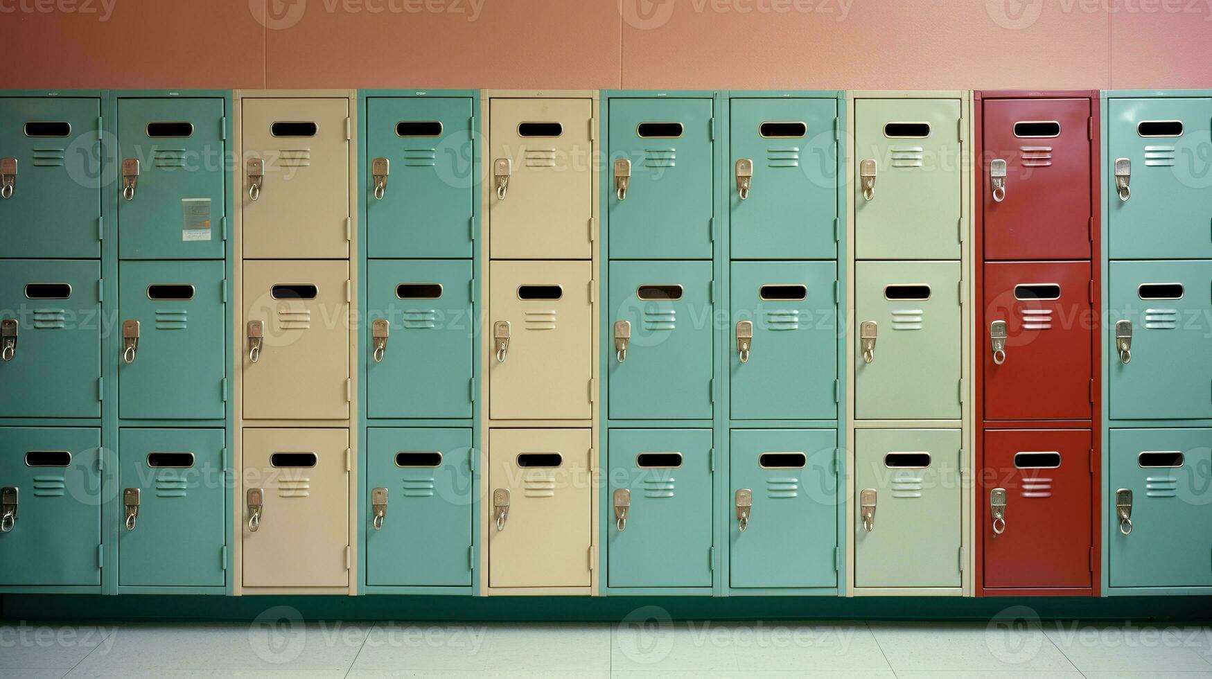 ai generado generativo ai, fila de alto colegio casilleros en el pasillo, armario habitación foto