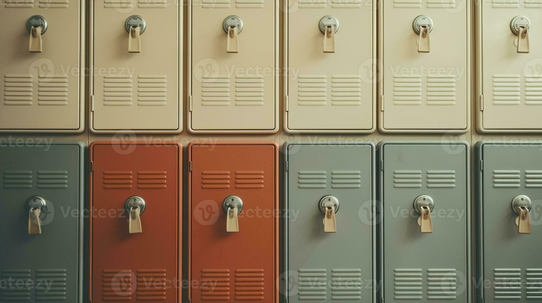 ai generado generativo ai, fila de alto colegio casilleros en el pasillo, armario habitación foto