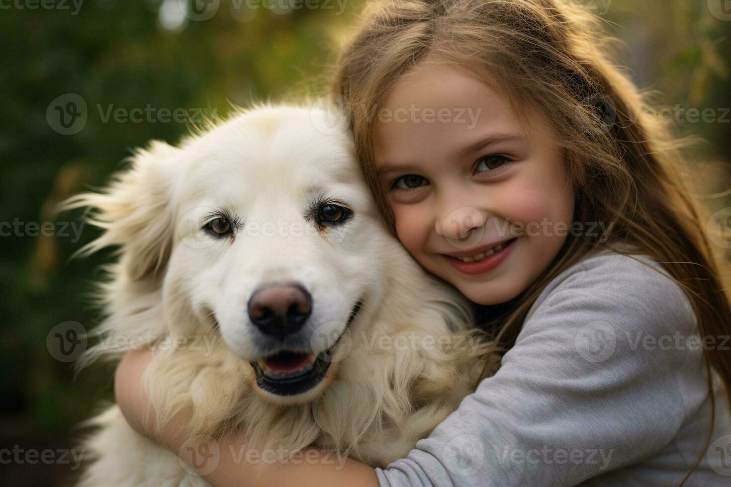 close up of young girl hugging her dog bokeh style background with Generative AI photo