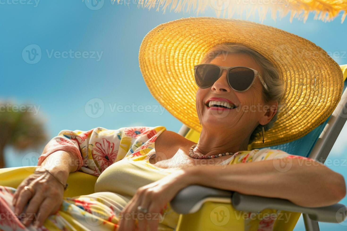 Senior Female tourist sunbathing on sunbed at sea during daytime with