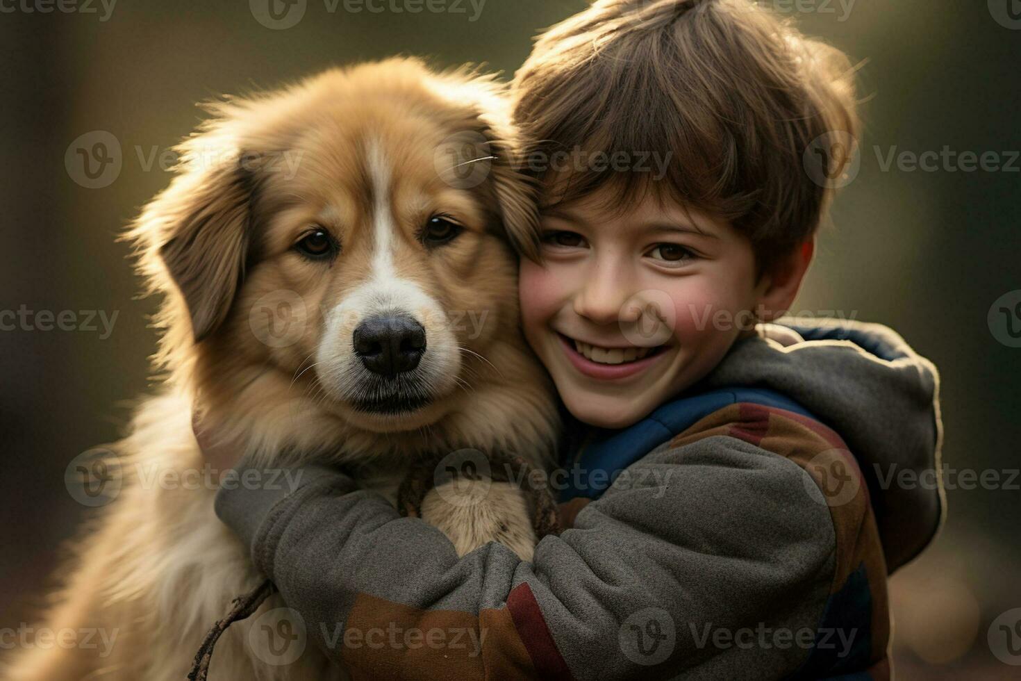 close up of young boy hugging his dog bokeh style background with Generative AI photo
