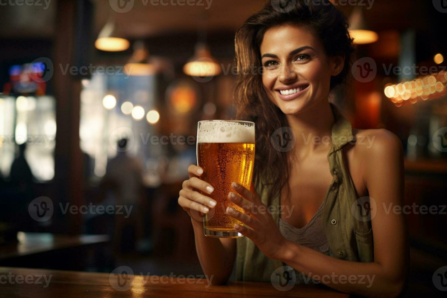 happy women holding a beer on the bar counter bokeh style background with Generative AI photo