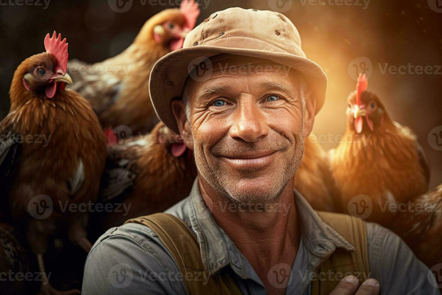 male farmer on chicken farm in the daytime with Generative AI photo