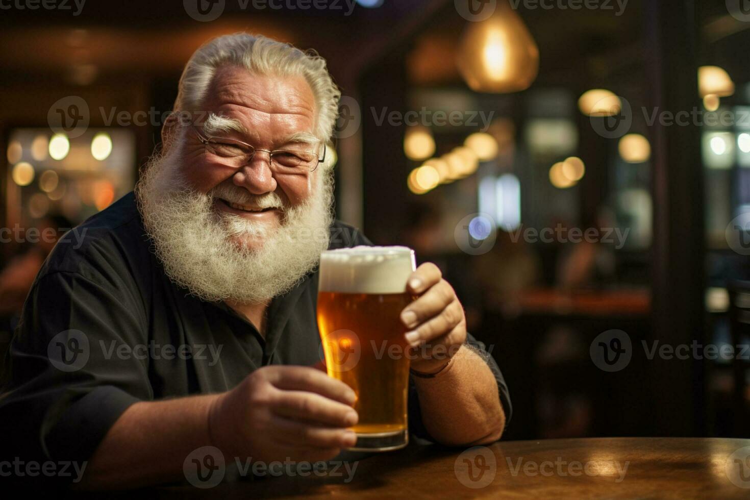 happy old man holding a beer on the bar counter bokeh style background with Generative AI photo