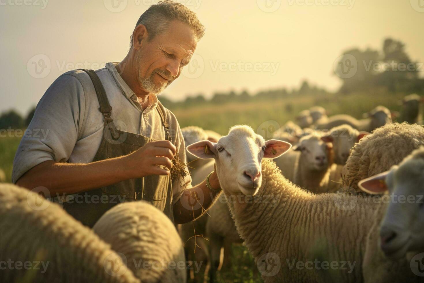 A shepherd farmer man feed a group sheep bokeh style background with Generative AI photo