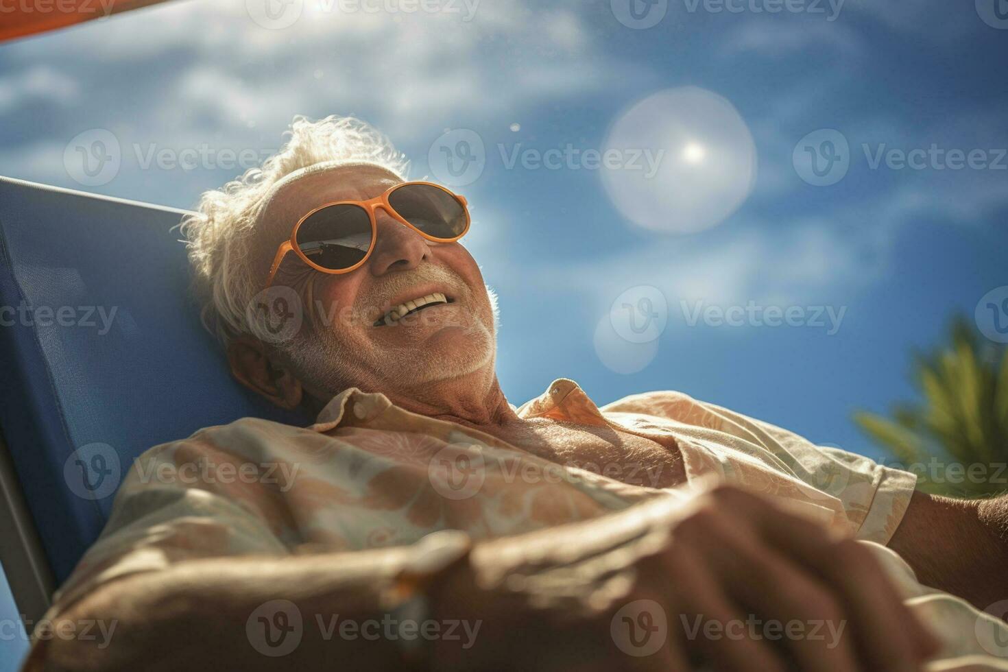Senior male tourist sunbathing on sunbed at sea during daytime with Generative AI photo