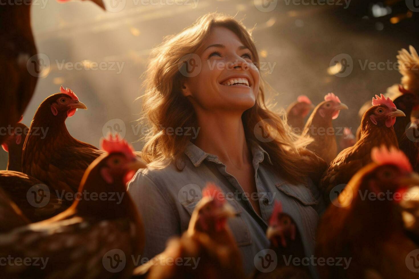 Female farmer on chicken farm in the daytime with Generative AI photo