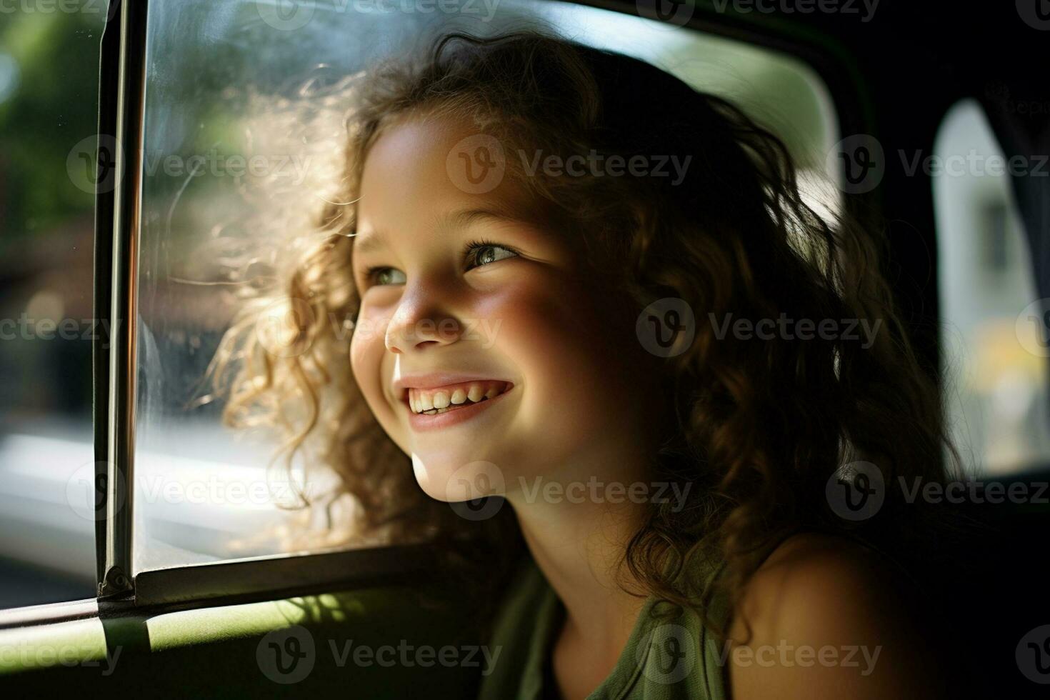 A young girl sits by the car window while driving on a road trip with Generative AI photo