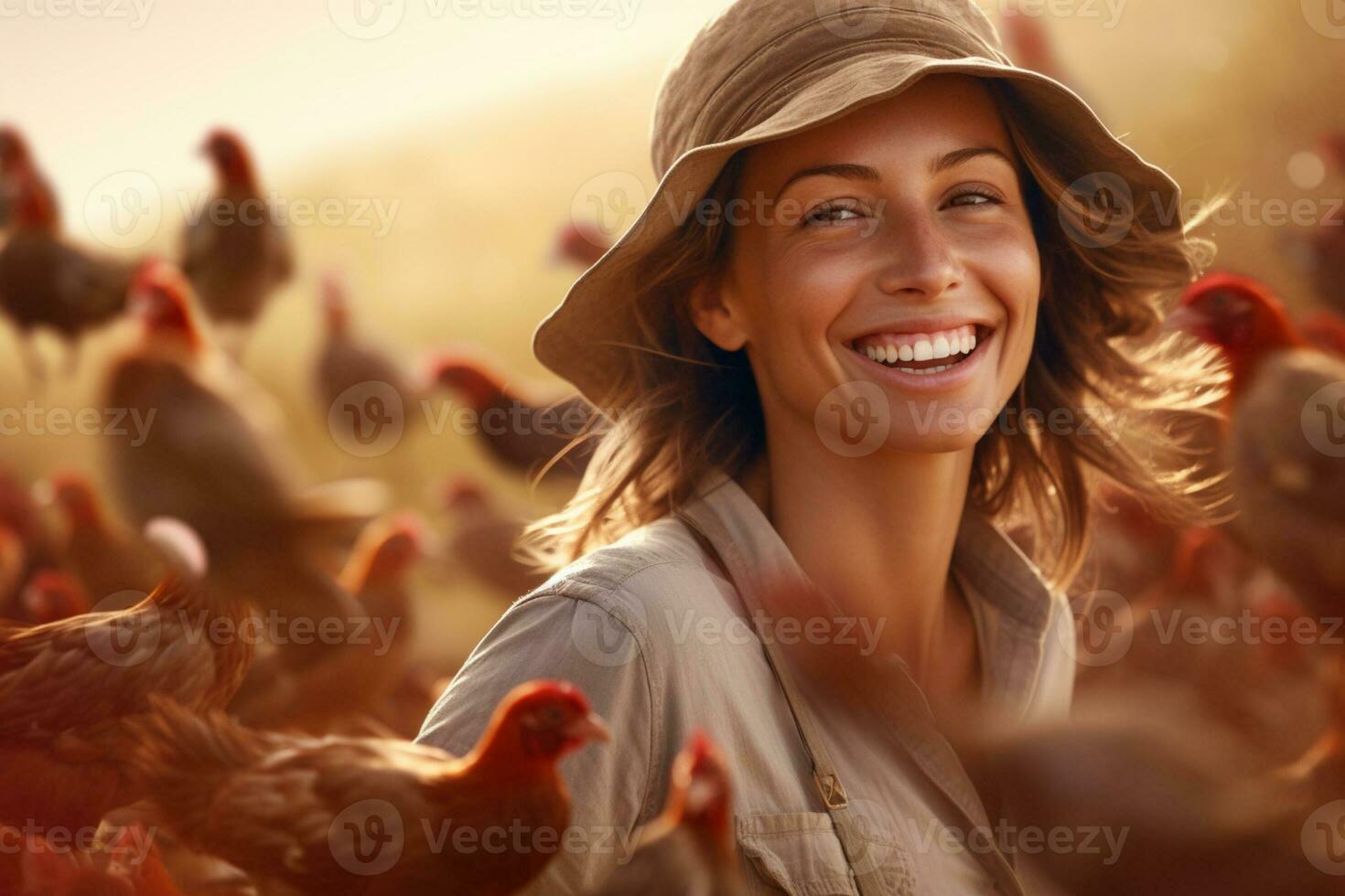 Female farmer on chicken farm in the daytime with Generative AI photo