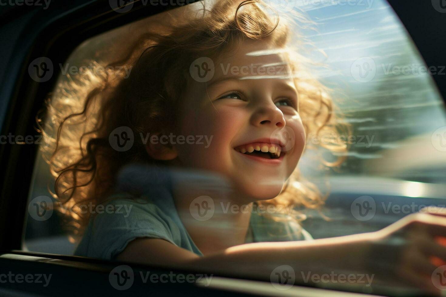 A young girl sits by the car window while driving on a road trip with Generative AI photo