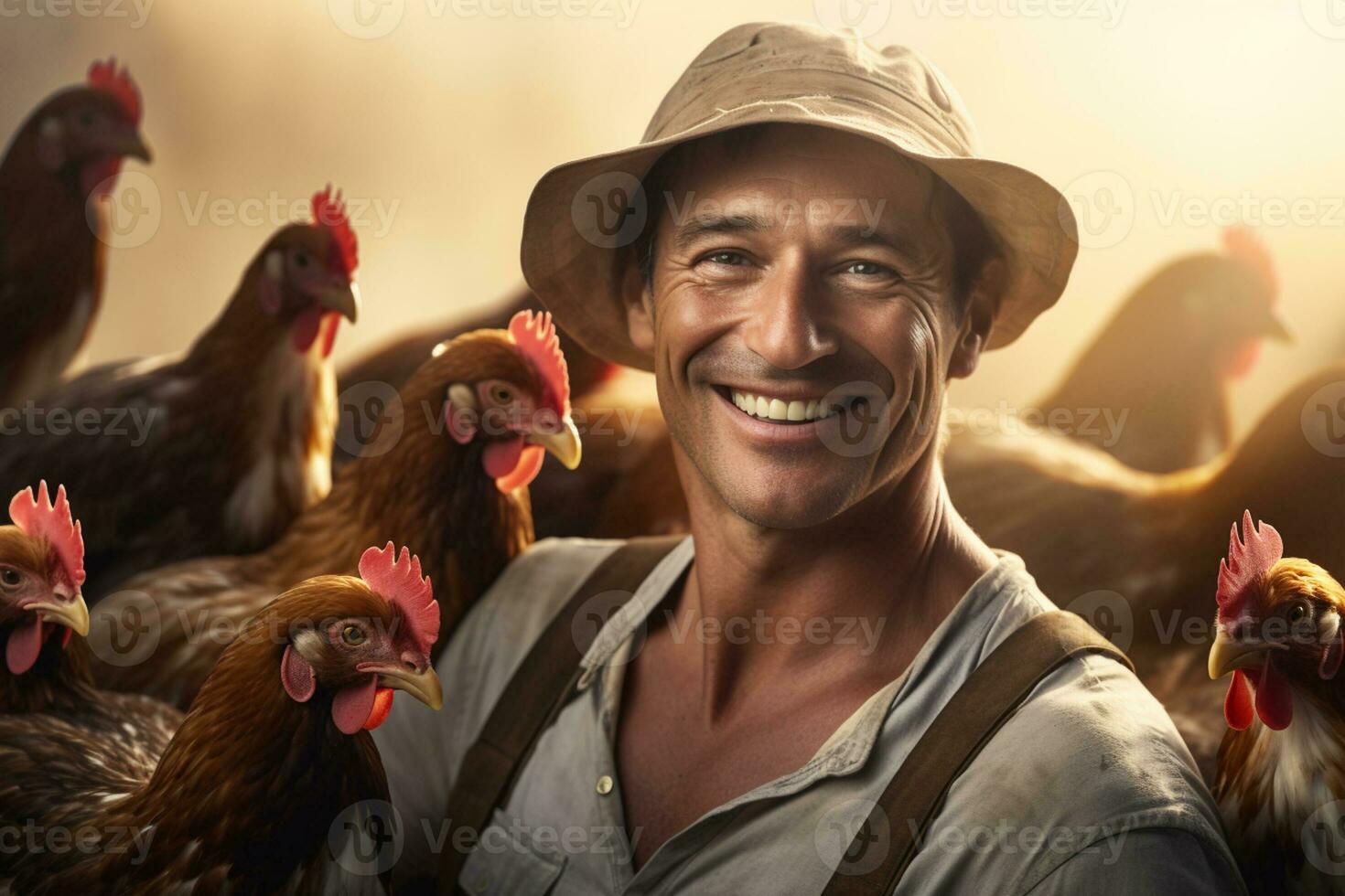 masculino granjero en pollo granja en el tiempo de día con generativo ai foto