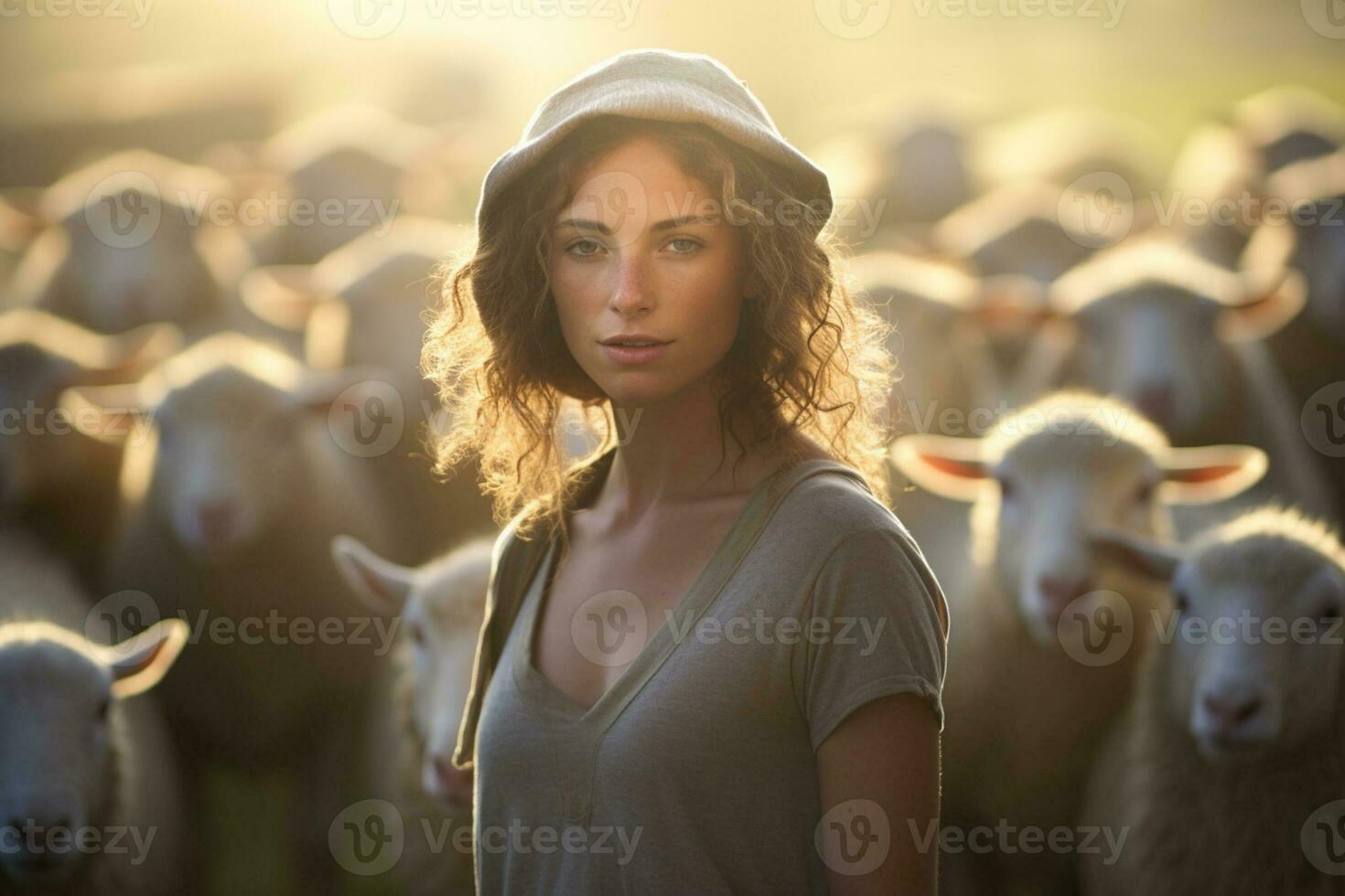 Female farmer on sheep farm in the daytime with Generative AI photo