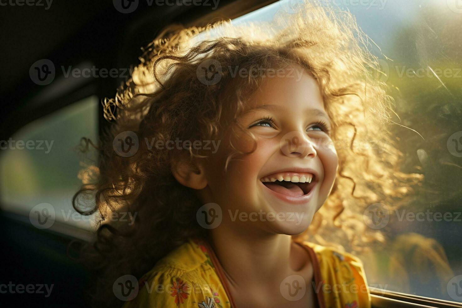 A young girl sits by the car window while driving on a road trip with Generative AI photo