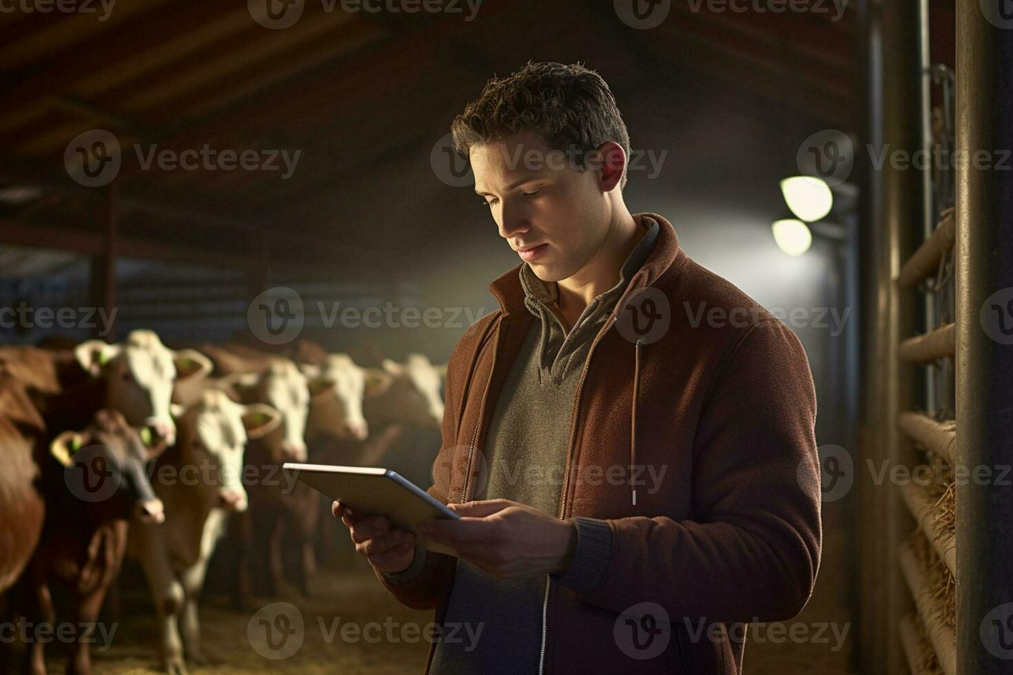 a man holding a tablet to check production in a cattle farm with Generative AI photo