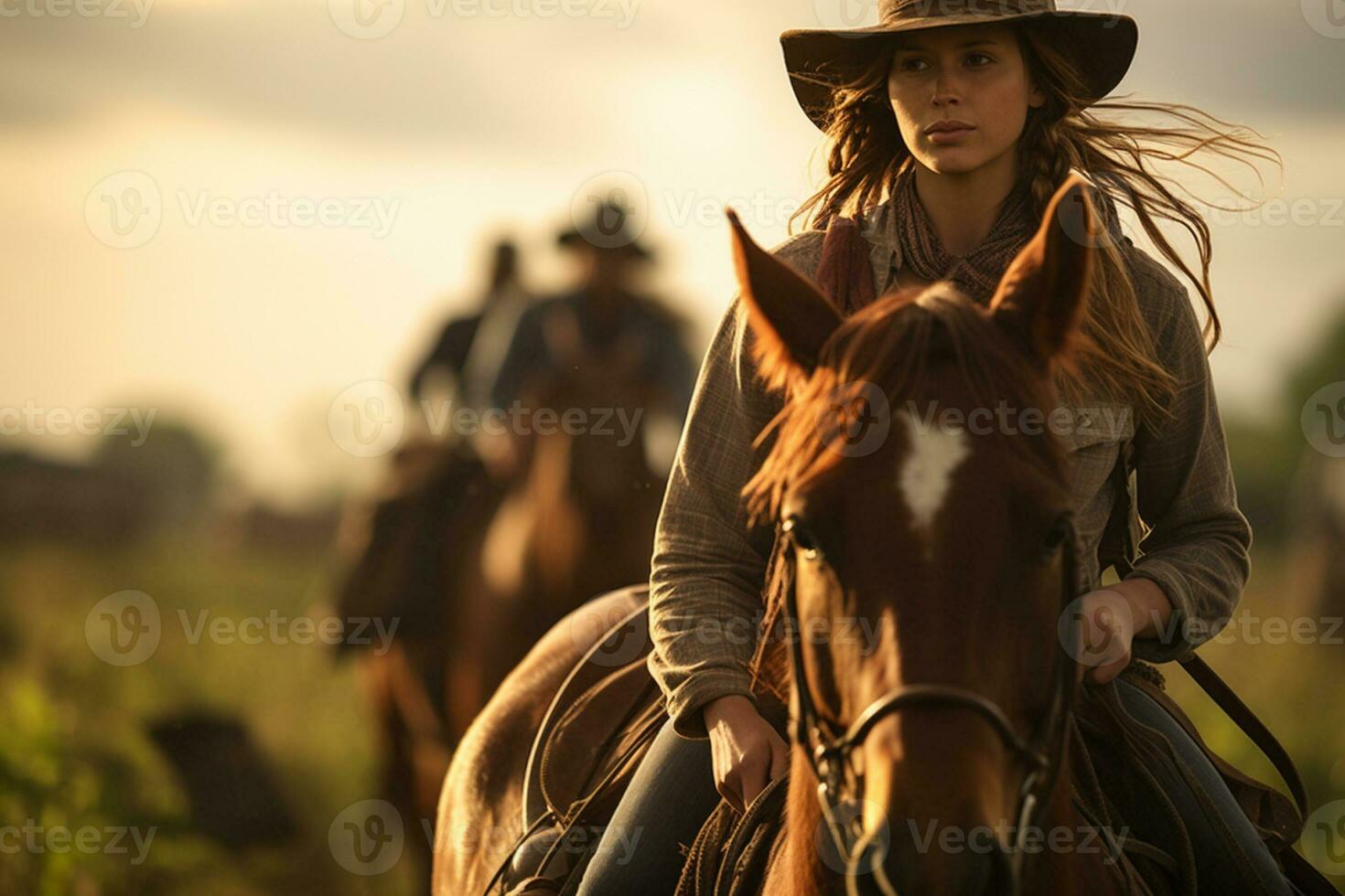 A female farmer is riding a horse in the forest in the daytime with Generative AI photo