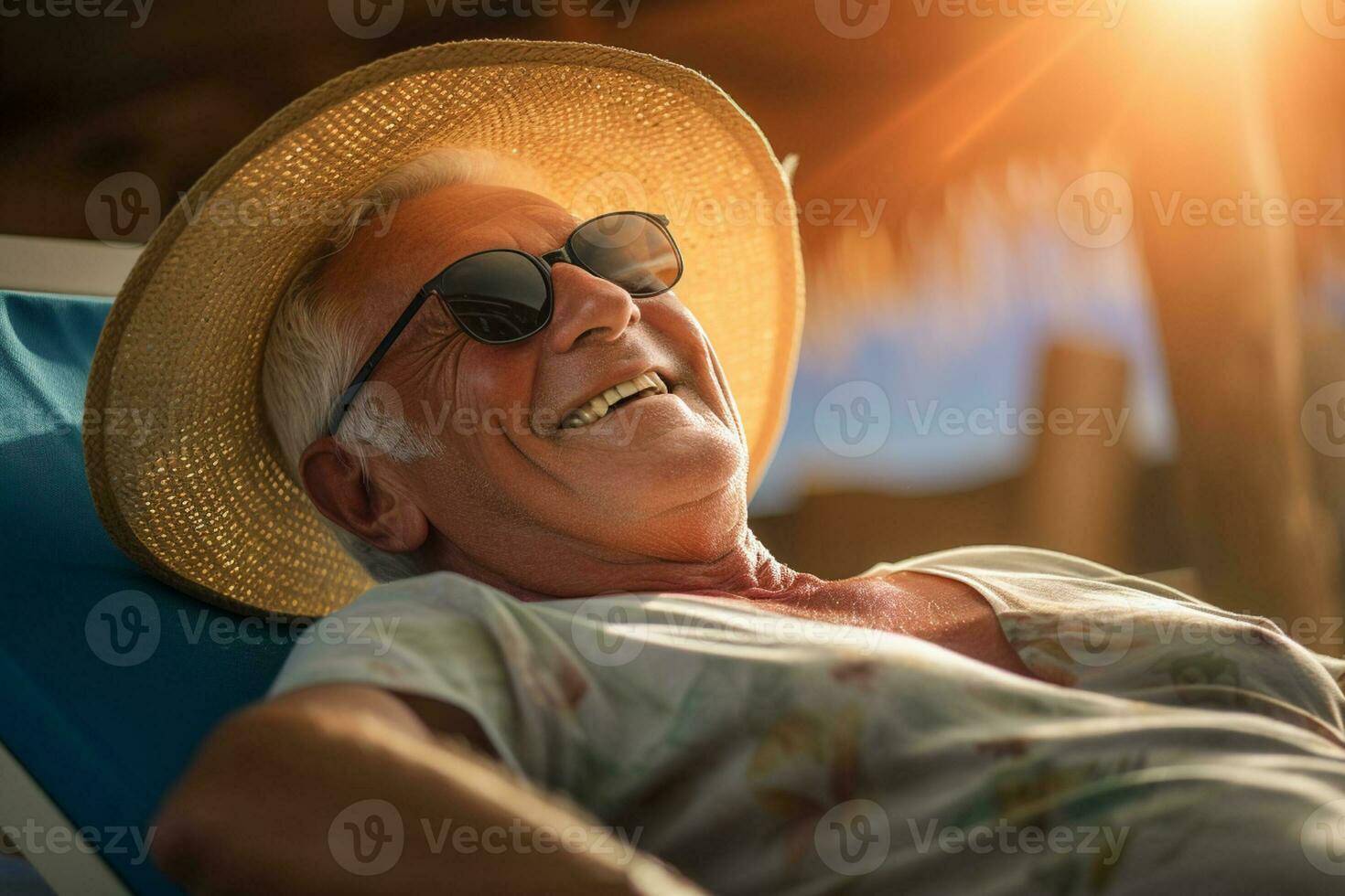 Senior male tourist sunbathing on sunbed at sea during daytime with Generative AI photo