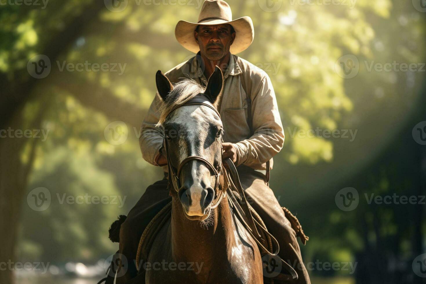 A male farmer is riding a horse in the forest in the daytime with Generative AI photo