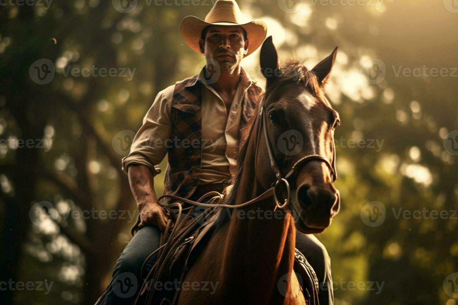 A male farmer is riding a horse in the forest in the daytime with Generative AI photo