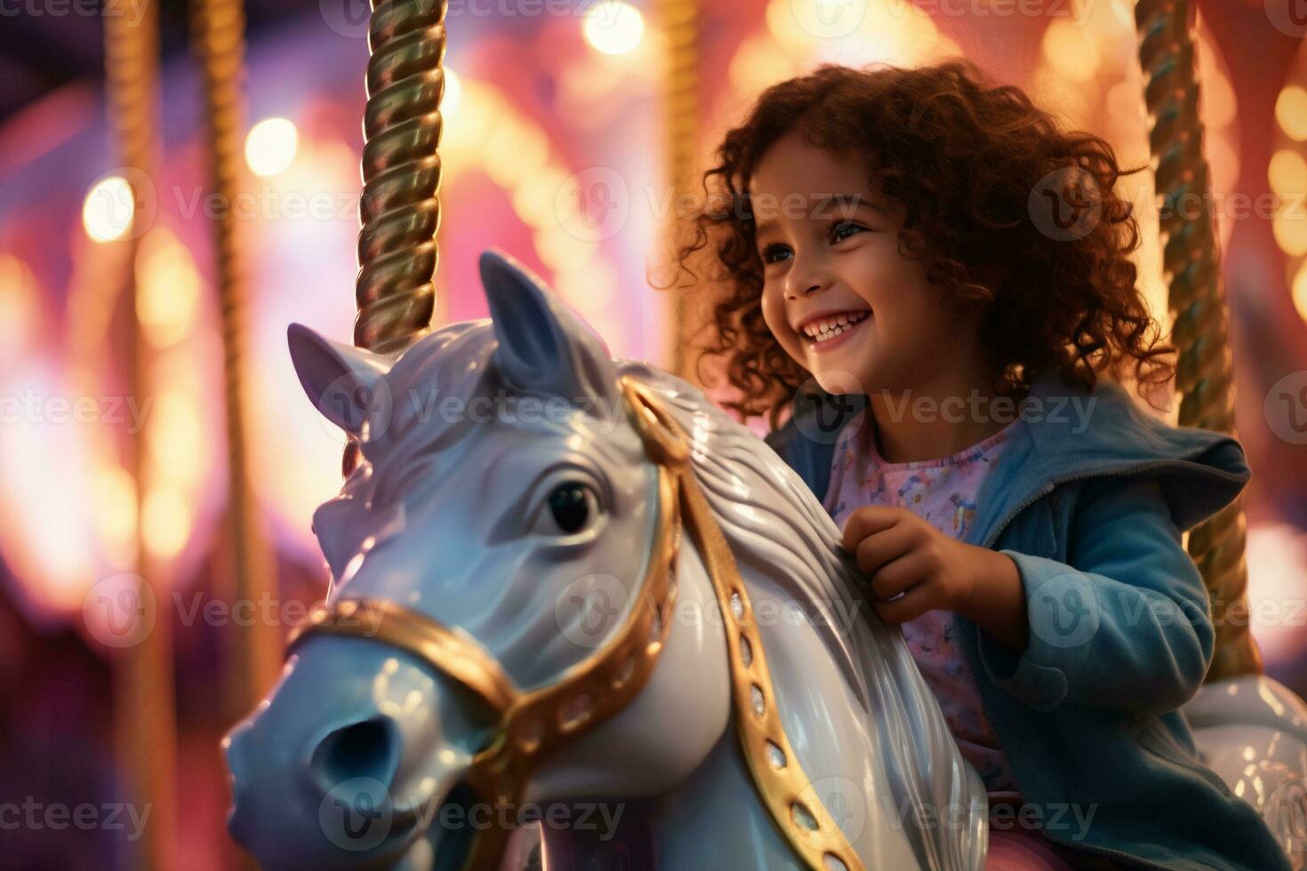 A happy young boy expressing excitement while on a colorful carousel, AI Generative photo