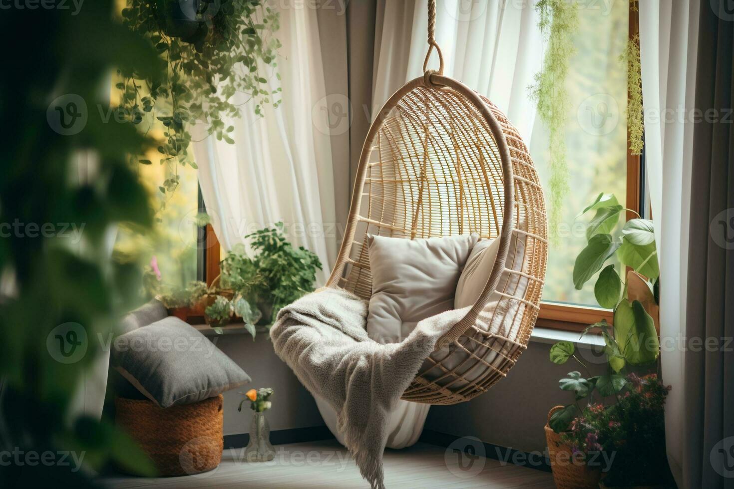 Designer hanging chair near tropical houseplants interior design, AI Generative photo