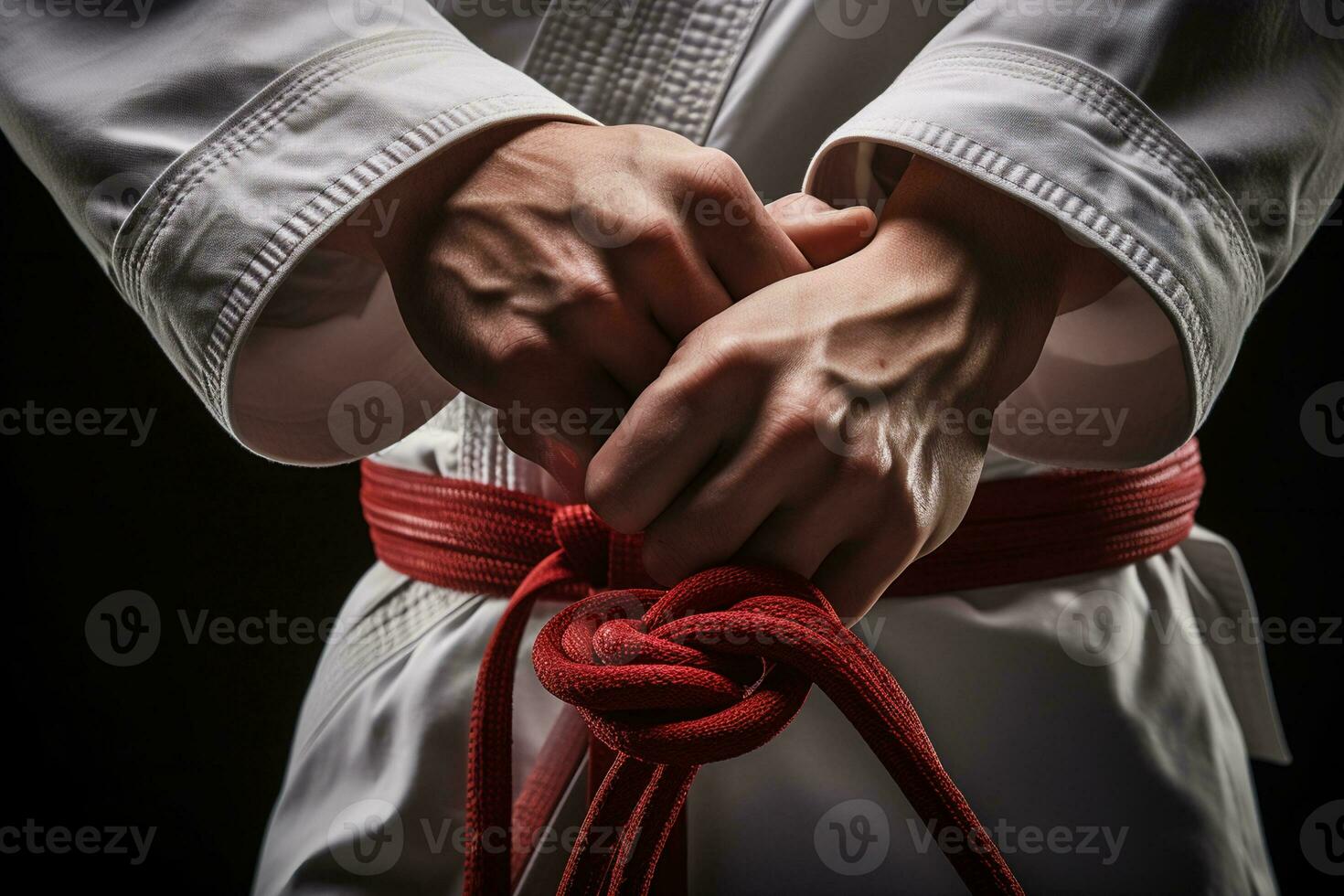 Mid section of male martial artist wearing red obi belt, AI Generative photo