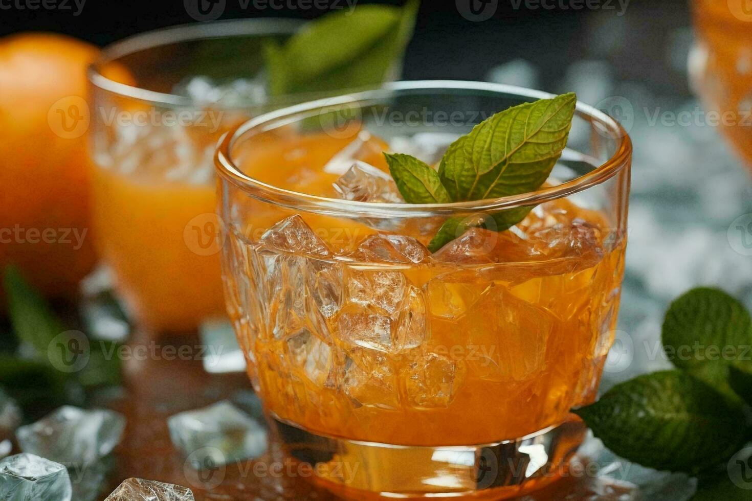 Refreshing lemonade with oranges and mint on wooden table. AI Generative photo