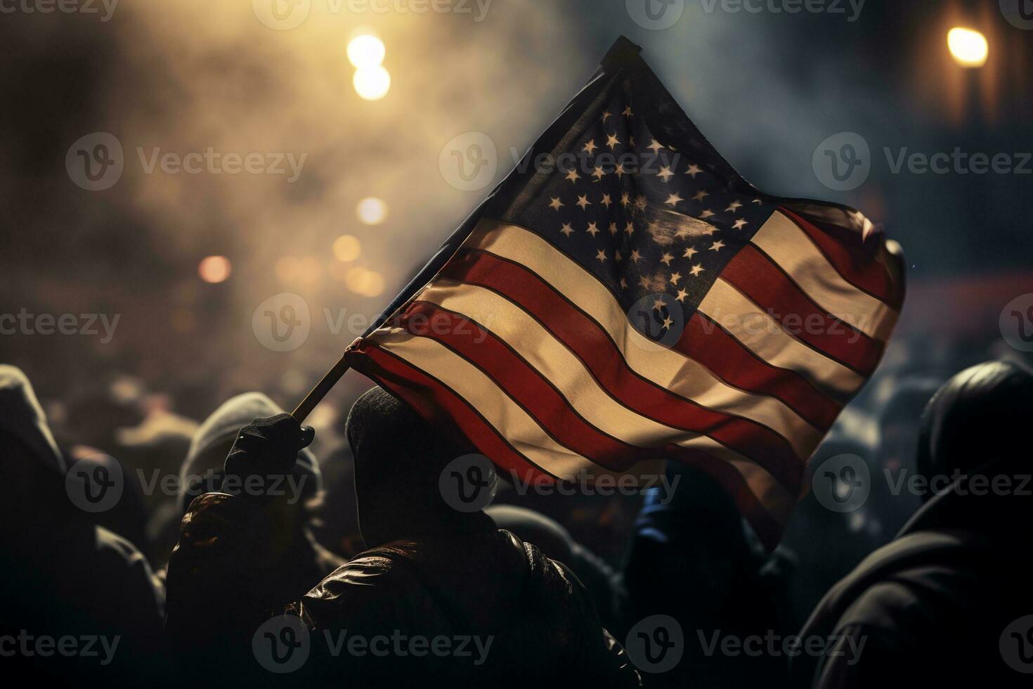 ai generativo, un americano bandera ondulación en el viento a un protesta o reunión foto