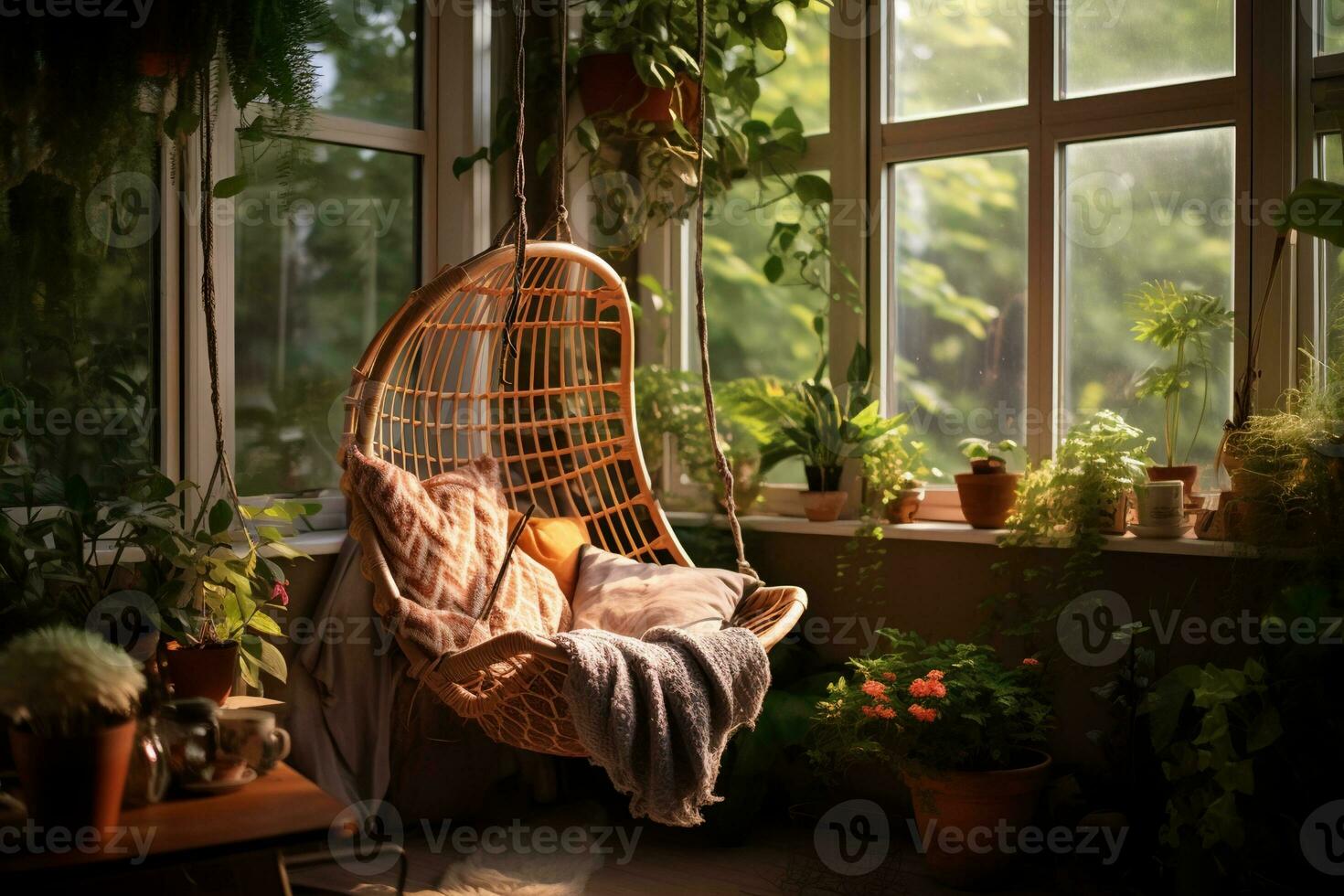 Designer hanging chair near tropical houseplants interior design, AI Generative photo